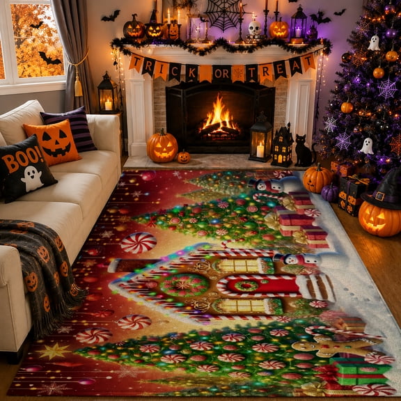 Gelasgo Christmas Gingerbread House Velvet Area Rug, Soft Christmas Tree Winter Holiday Accent Floor Mat for Living Room Bedroom Decor