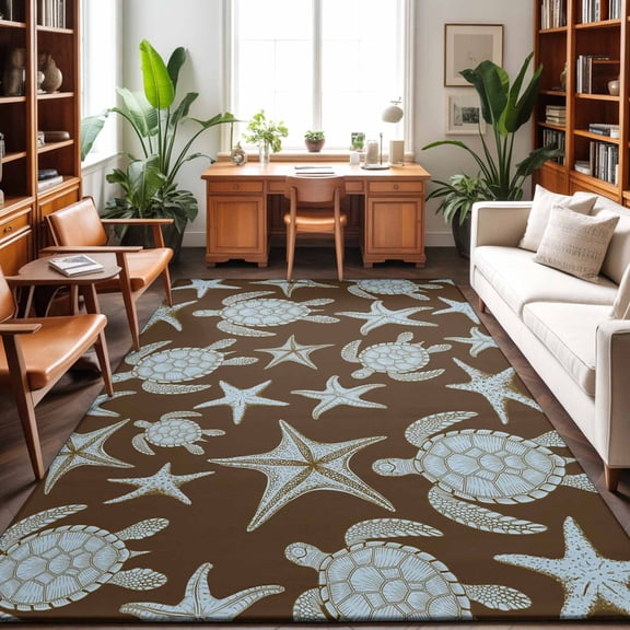 Area Rugs 5'x7', Brown Blue Coastal Carpet Runner Indoor Outdoor Rugs Home Decor Aesthetic, Summer Beach Sea Turtle Starfish Nautical Non Slip Mats Washable Accent Rug for Living Room Bedroom