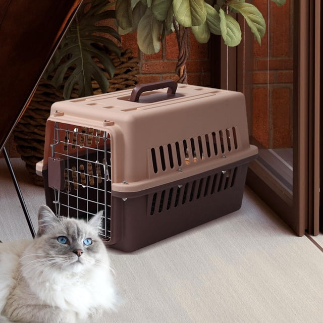 El portador echado a un lado duro del animal doméstico del cajón del transporte del animal doméstico con los gatos de la puerta transporta el viaje de Marrón
