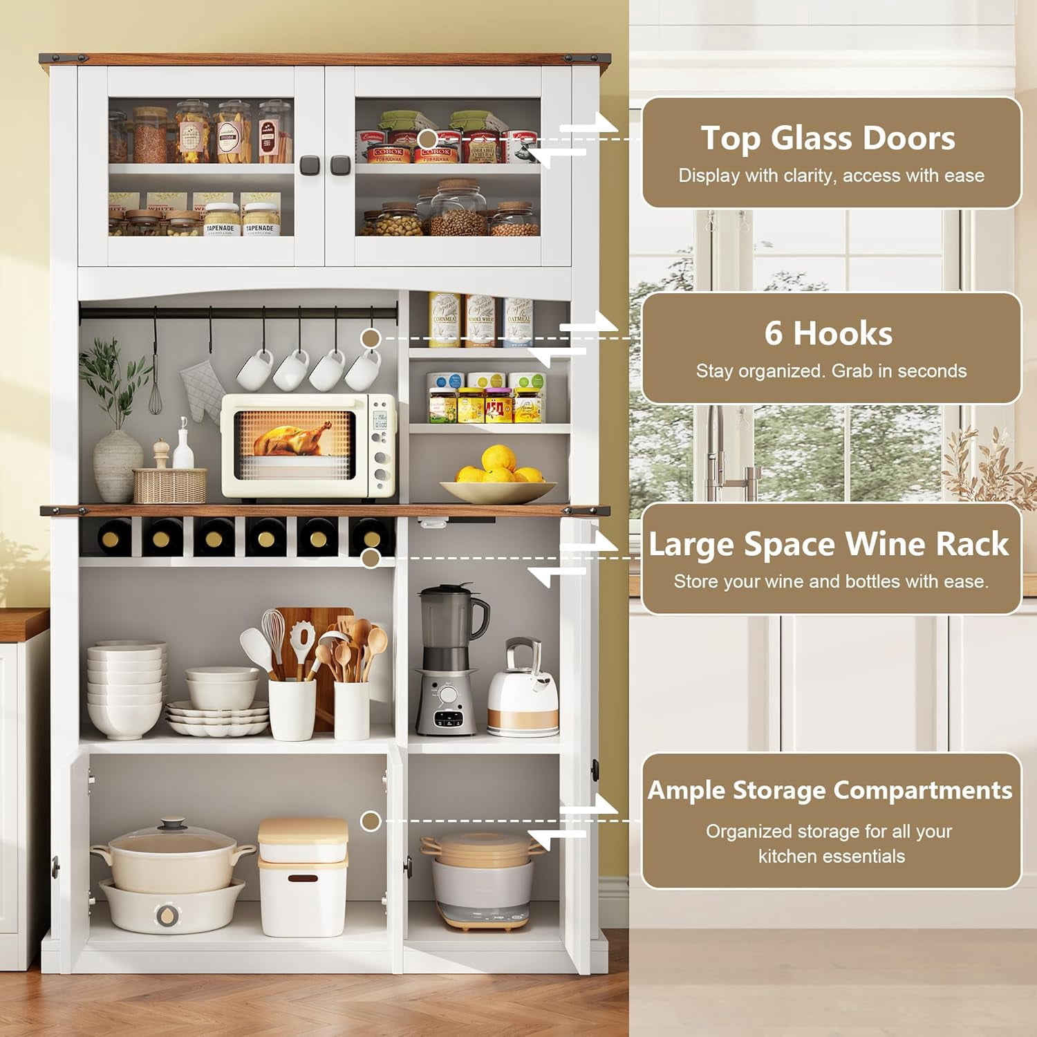 Einhomn 71" Tall Kitchen Pantry Cabinet with Charge Station, 3 Adjustable Shelves, Wine Rack and Glass Door,White