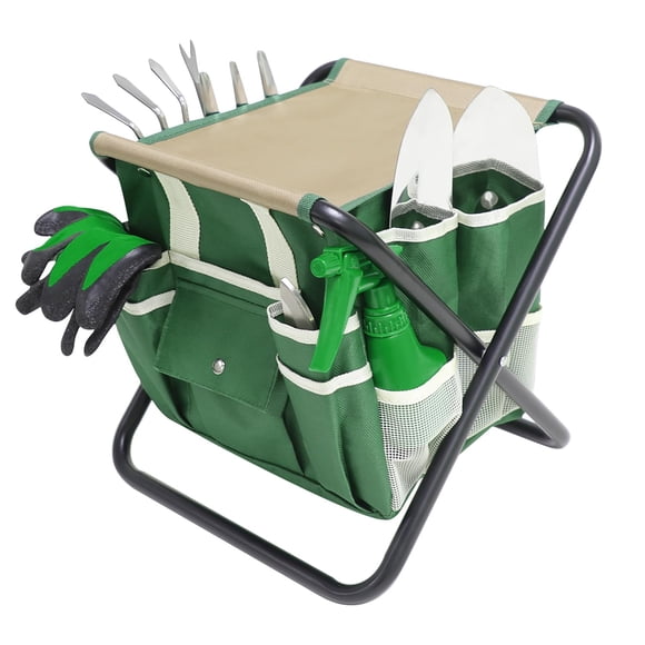 HoHaing Ensemble d'Outils de Jardin, Kit de Jardinage 10 Pcs avec Tabouret Pliant Robuste, Outils de Jardinage avec Sac de Rangement Détachable, Garde en Acier Inoxydable