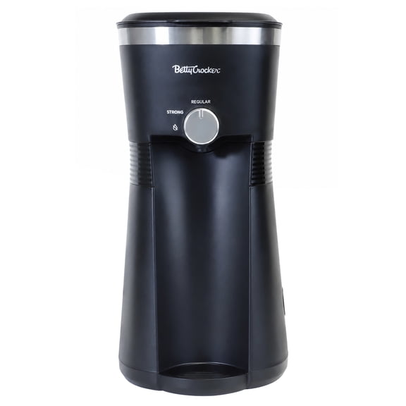 Betty Crocker Compact 10-Oz. Coffee Maker for Iced and Hot Brews, 4-Minute Brew Time, 20-Oz. Tumbler, Reuseable Filter Basket, Scoop, Straw, BC-4869B