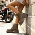 thumbnail image 3 of Womens Motorcycle Boots Platform Chunky Heel Antislip Lace up Zipper Ankle Booties Comfy Retro Leather Round Toe High Top Boots Khaki Size 8.5, 3 of 7