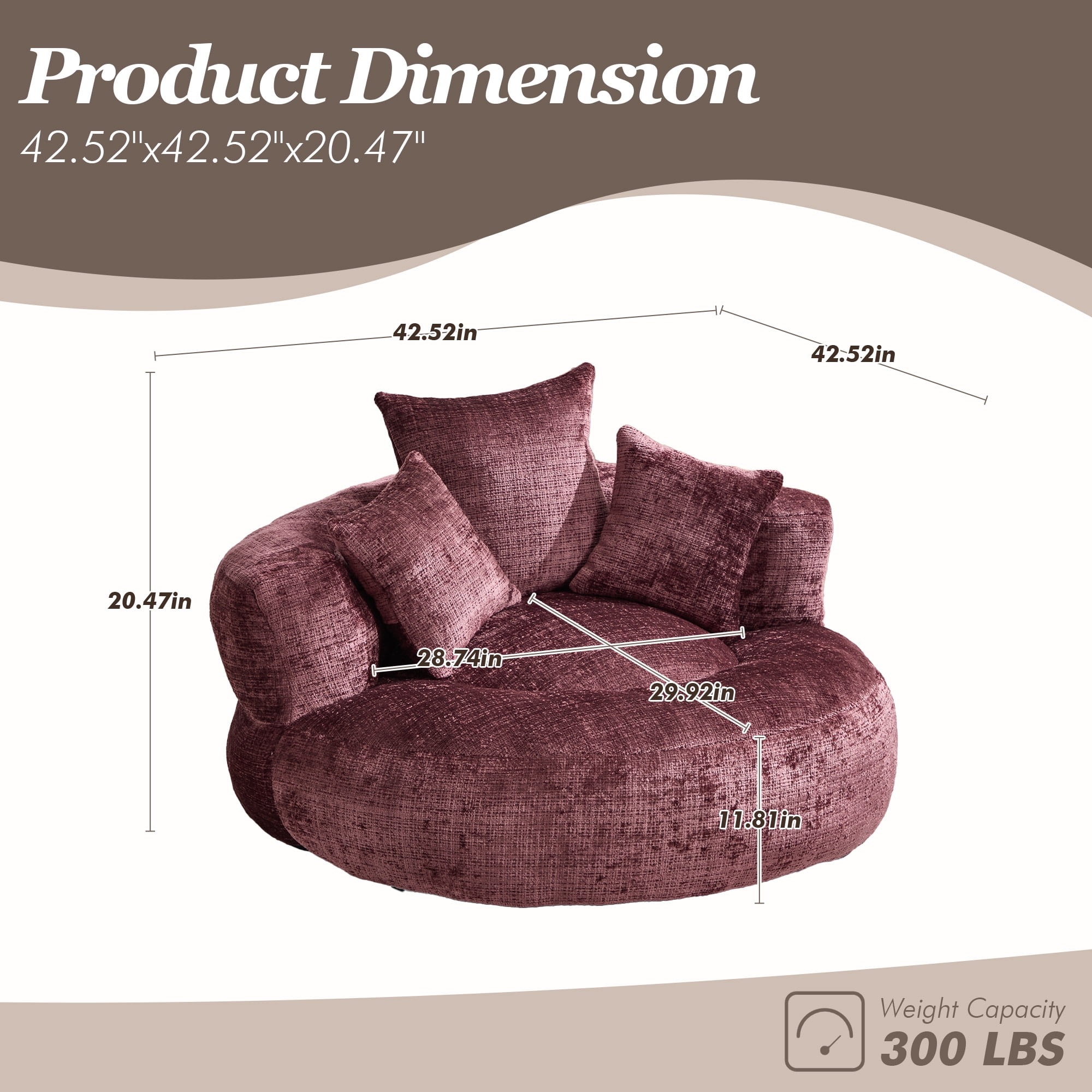 MOONMISS Oversized Bean Bag Chair, Chenille Lazy Bean Bag Sofa with Wrap-Around Backrest & Pillows for Living Room,Wine Red