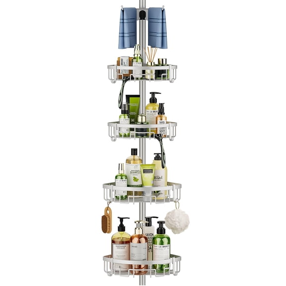 Corner Shower Caddy Tension Pole - 62-115 INCH - 4-Tier Rustproof Bathroom Organizer Shelves, Adjustable Bathtub Tub Shampoo Storage, Silver