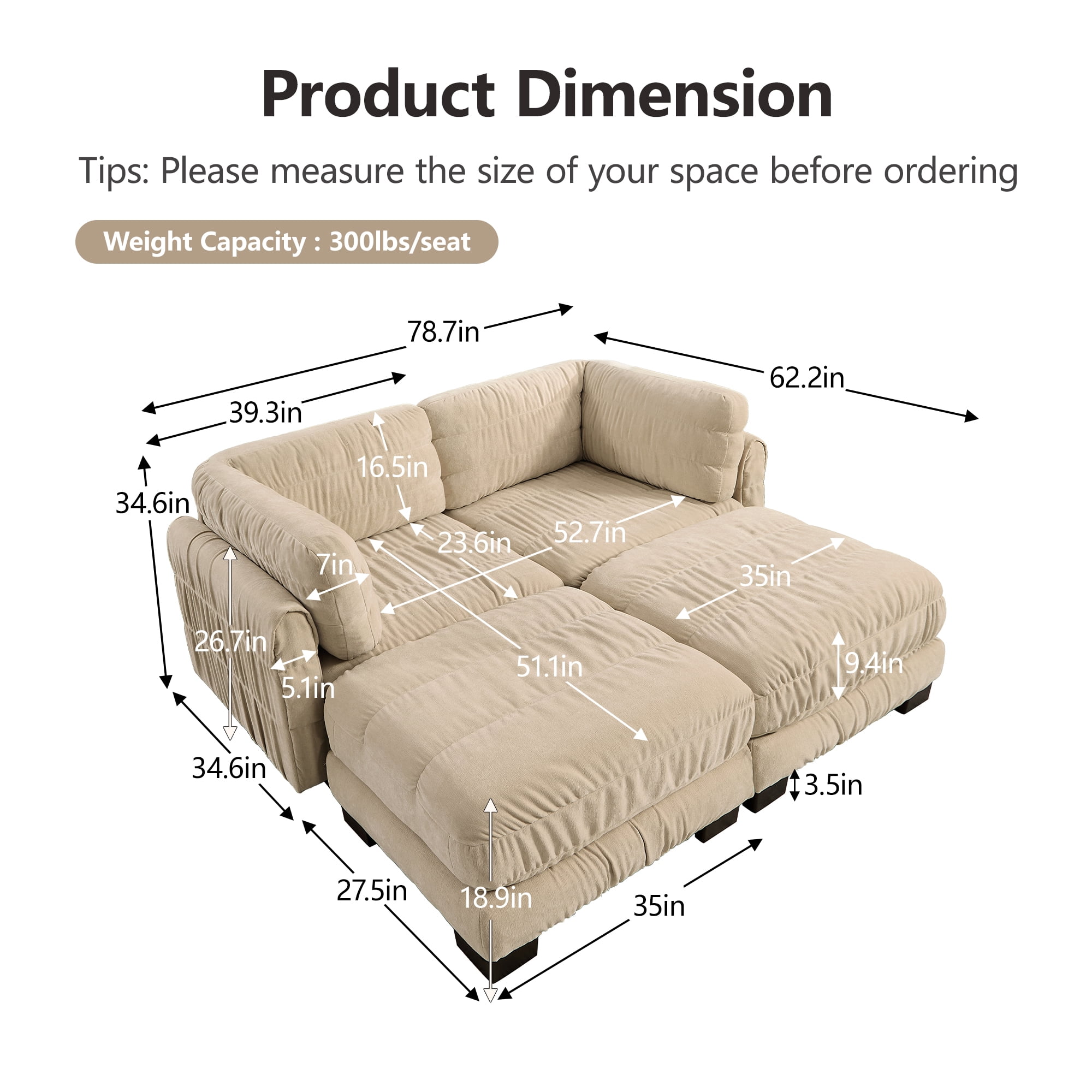 78" 2 Seat Chenille Modular Sectional Sofa with 2 Movable Ottoman and L Shape Back Cushions,Easy Assembly