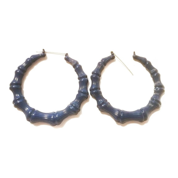 Large Bamboo Hoop Earrings Navy Midnight Blue Hoop Earrings 3 inch Hoops
