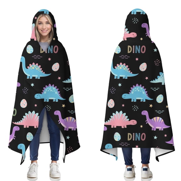 Wearable Blanket,Black Cartoon Dinosaurs Eggs Stars Pattern Hooded Wearable Flannel Blanket for Adults & Teens,Winter Poncho Shawl Wrap Cape Cozy Anti-Pill,50"x60"