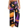thumbnail image 3 of Halloween Wide Leg Pants for Women, Button Closure Trousers with Gradient Pumpkin & Bat Print, High Waist Loose Fit Streetwear Bottoms with Pockets, 1 Pc Dark Purple L, 3 of 6