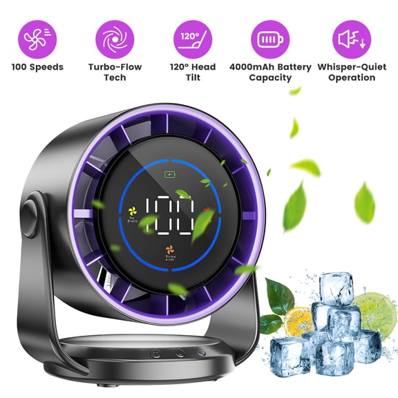 Imountek 100-Speed Rechargeable Cooling Fan, Wall Mountable & Portable Desk Fan with 4000mAh Battery, 120° Tilt 6H Runtime 35dB Quiet LCD Display