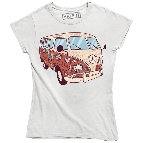 Colorful Van With Flowers Hearts Stars And Peace Symbol Women's T-Shirt