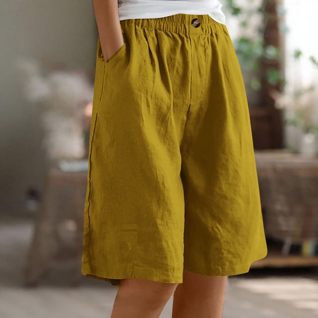 WILLBEST Pantalones Casuales de Verano para Mujer, de Color Liso, de Cintura Alta, Anchos y con Bolsillos y Botones. Extra Grande