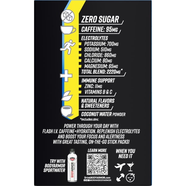 BODYARMOR Caffeine Flash IV Blue Raspberry flavored Electrolyte Mix, 0.28 oz Pouches, 6 Pack