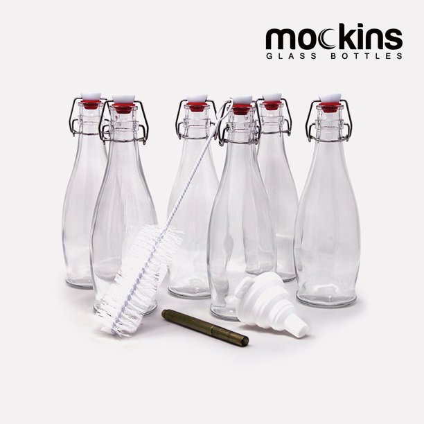 Mockins Airtight Swing Top Glass Bottles with Funnel, Brush & Marker