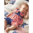 thumbnail image 5 of Loicainy Baby Toddler Girl 4th of July Clothes 6 12 18 24 Months 2T 3T 4T Star Stripe Print Flutter Sleeve Tank Tops and Ruffle Hem Shorts Summer Outfits Set, 5 of 9