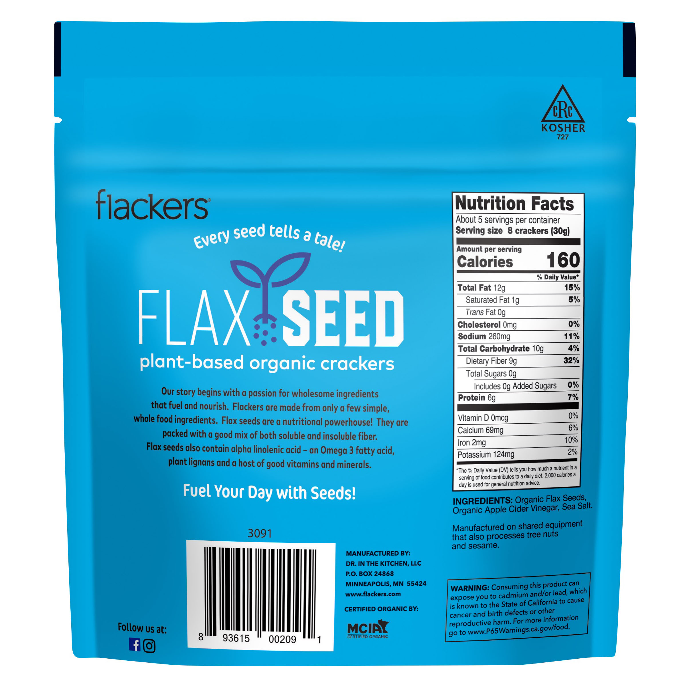 Flackers Organic Sea Salt Flaxseed Crackers, Gluten Free, Non-GMO, Vegan, Keto, 5 Ounce / 6-Pack