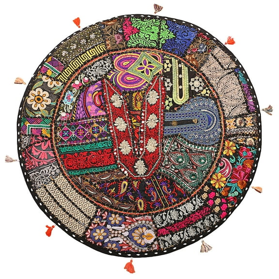 Stylo Culture Indian Meditation Cushion Floor Pillow Vintage Patchwork Cushion Cover Black Large 32x32 Decorative Bohemian Round Hassock Pouffe Cover Footstool Cotton Embroidered 1 Pc