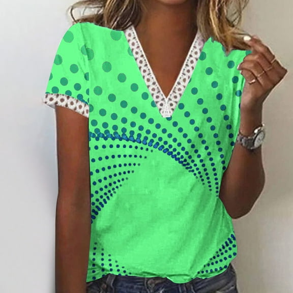 Wycnly Summer Tops for Women Tops for Women Trendy Plus Size Lightweight Loose Lace Trim Tunic Tops Casual Dot Print Blouses Girls V-Neck Short Sleeve Tee Top
