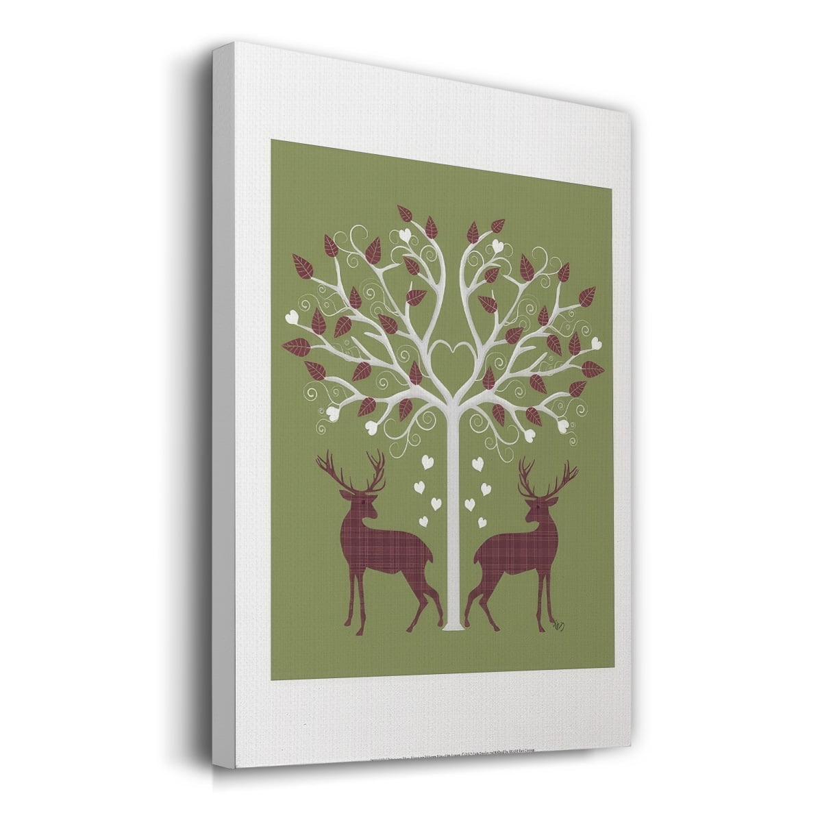 Christmas Des - Deer and Heart Tree, Pink On Green- Gallery Wrapped Canvas
