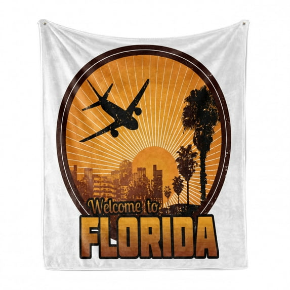 Florida Soft Flannel Fleece Throw Blanket, Retro Stamp Graphic with Welcome to Florida Theme Travel Destination, Cozy Plush for Indoor and Outdoor Use, 70" x 90", Brown Orange and White, by Ambesonne