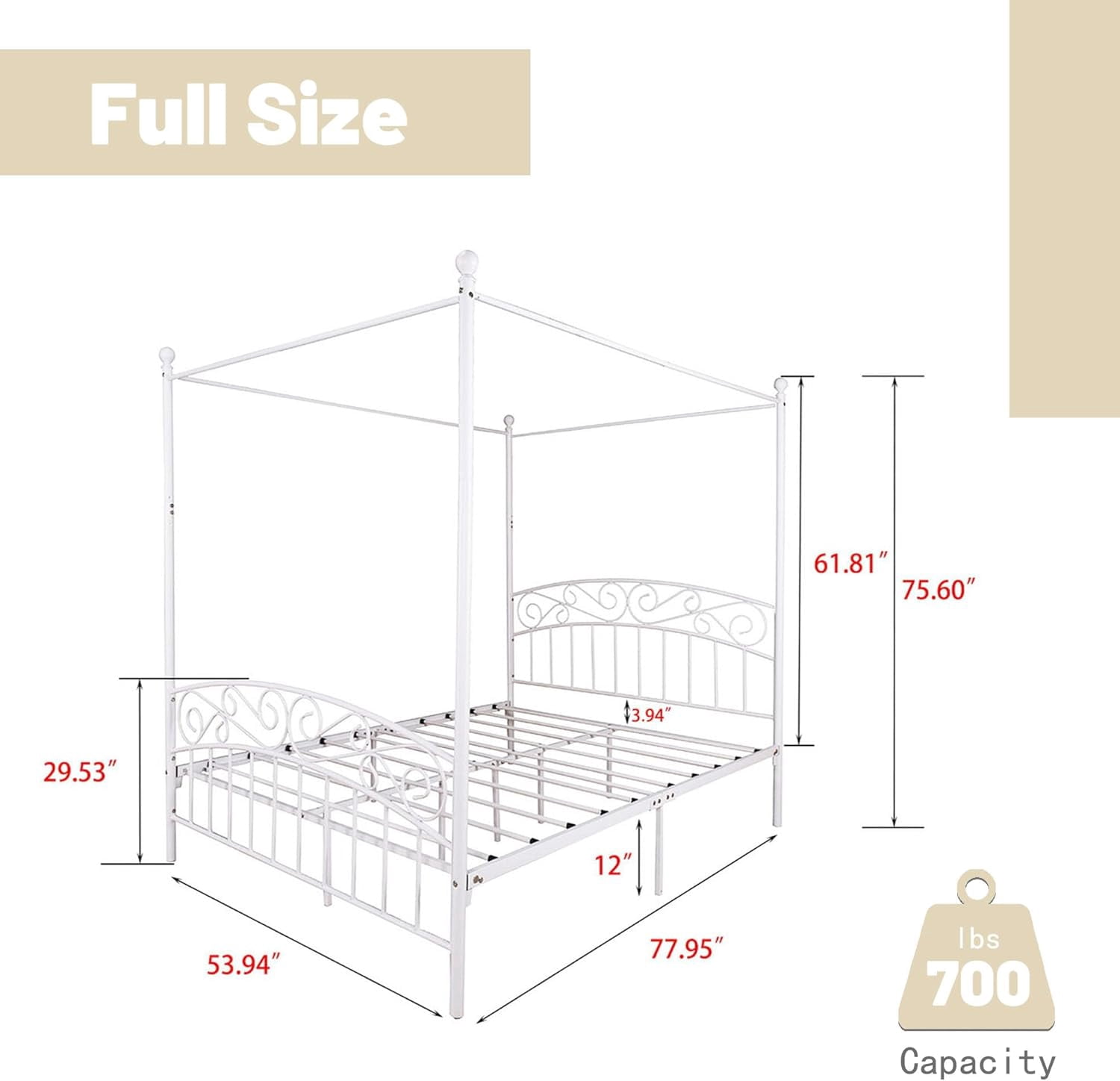 AUFANK Classic Full Size Metal Canopy Bed Frame, Easy Assembly, White