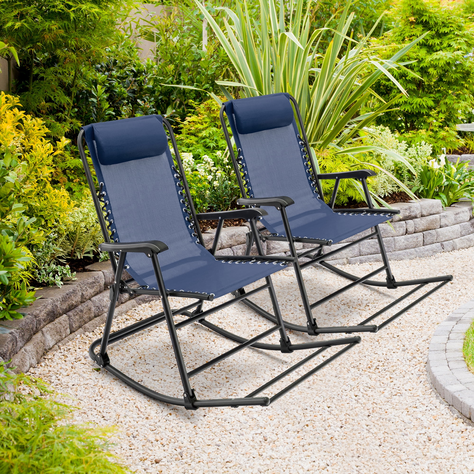 Gymax 2PCS Patio Folding Rocking Chair Outdoor Portable Lounge Rocker Navy