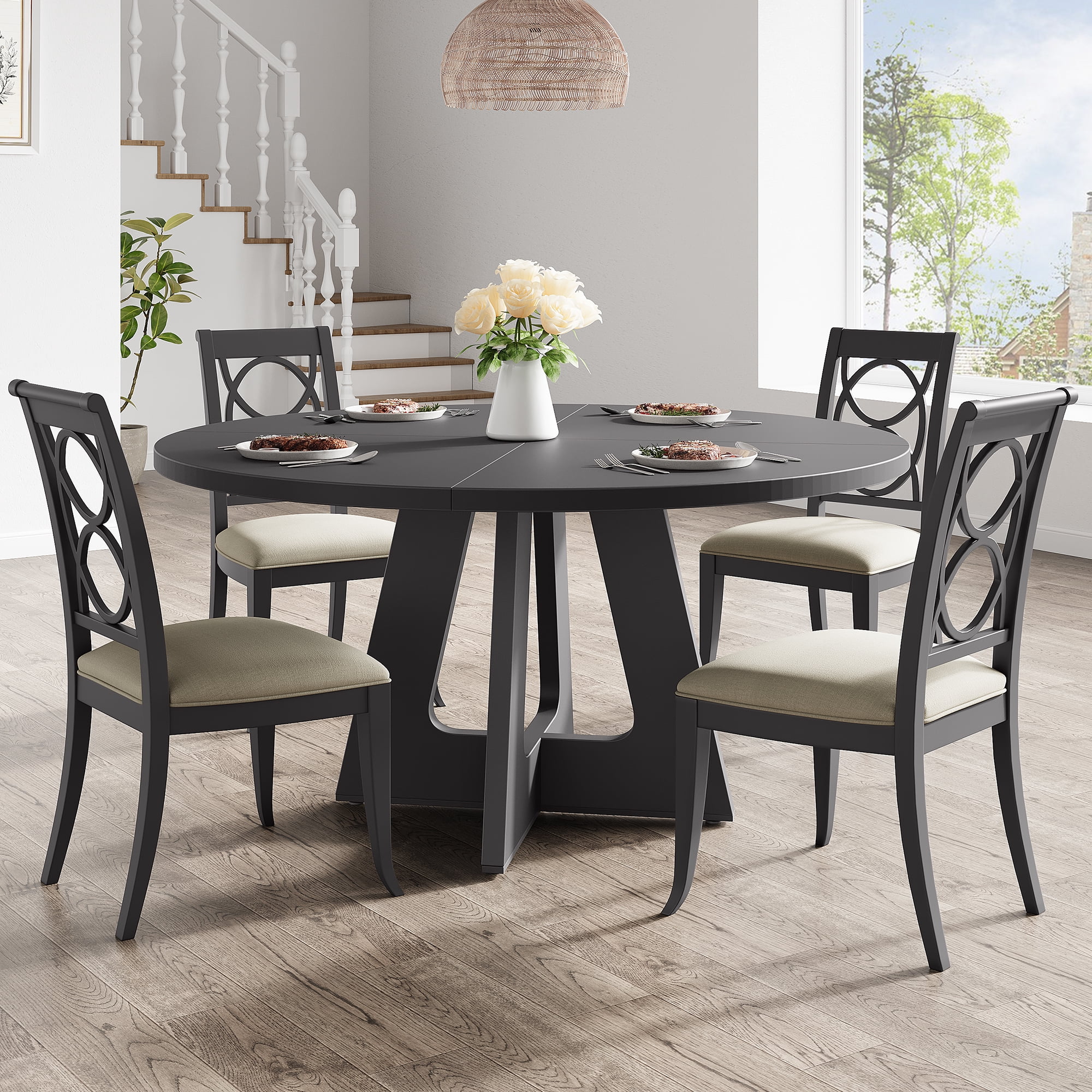 47'' Round Large Dining Table Set for 4 to 6,Mid Century Wood Dinner Table with Wide Tabletop and Cross Base,Dining Room Table for Home Dining Room or Living Room (No Chairs)
