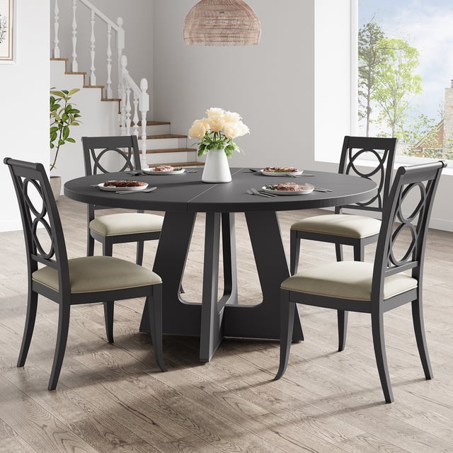47 Inch Round Farmhouse Dining Table for 4-6 People, Gray Distressed Wood Table with Rustic Base, Circular Kitchen Table for Dining Room, Living Room, Small Space (No Chairs Included)