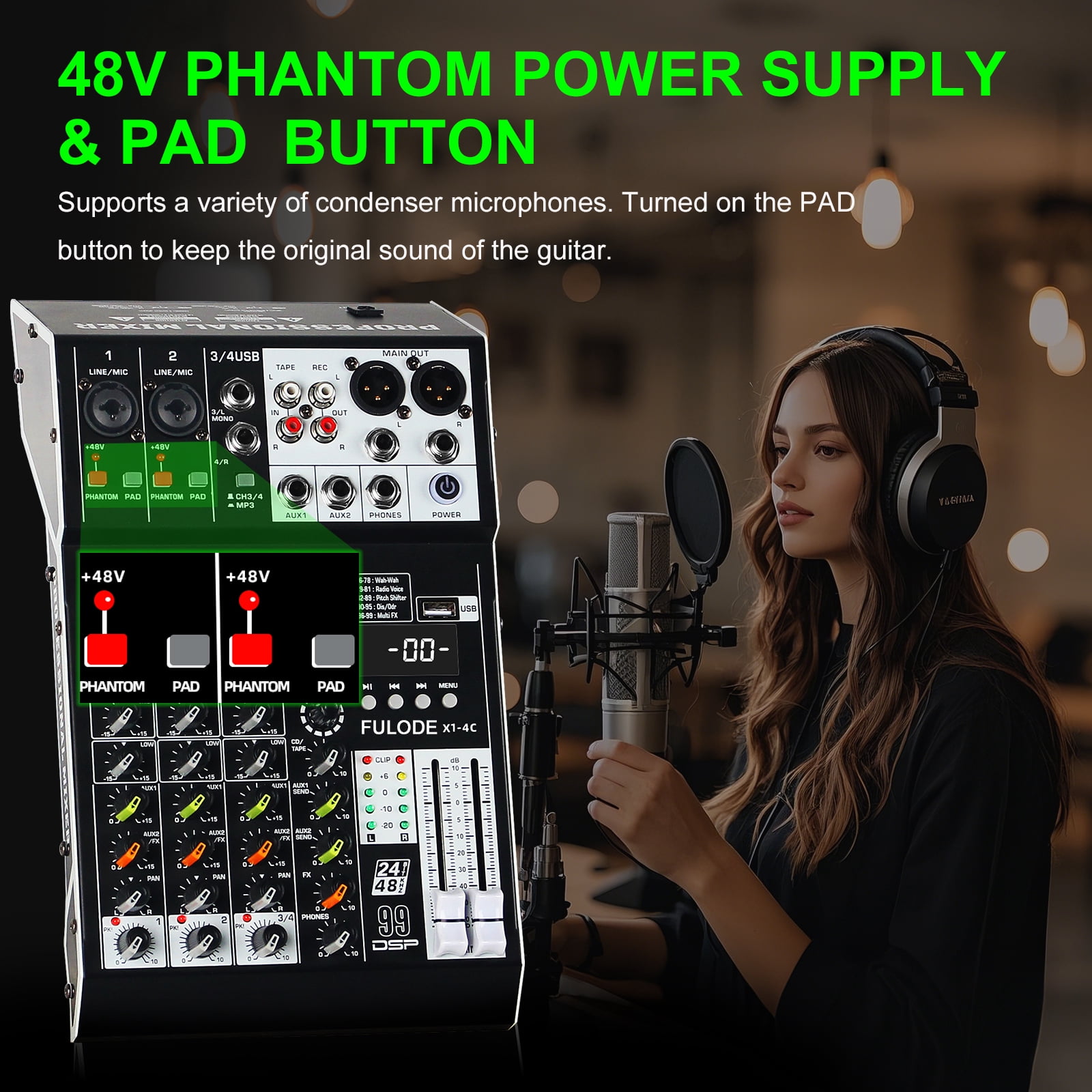 Audio Mixer 4 Channel Professional Sound Mixer Console with 99 DSP Effects, Small Mixing Board DJ Mixer w/USB, Bluetooth, 48V Power Supply, PAD Button for Recording Karaoke PA Drum Live Music