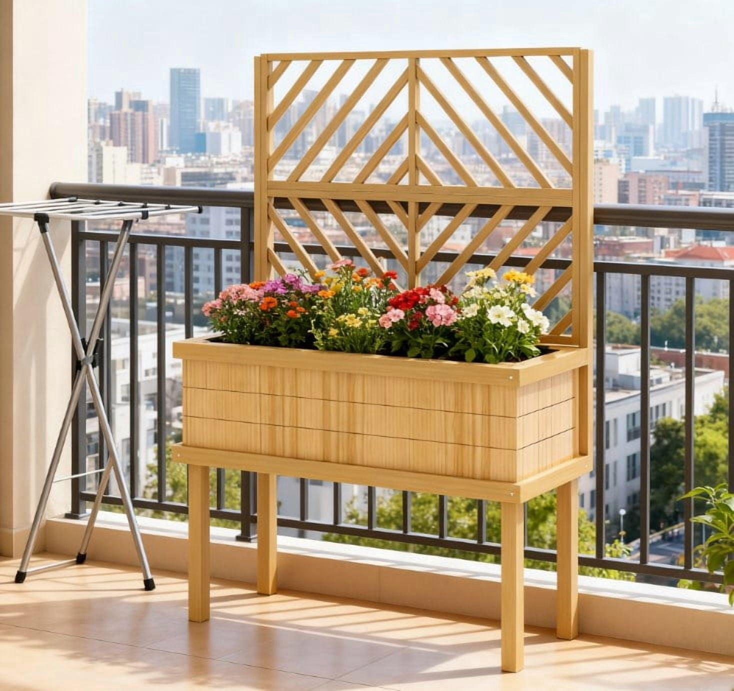 Self-Draining Raised Garden Bed, Elevated Wood Planter with Trellis for Climbing Plants, with Legs and Drainage Holes