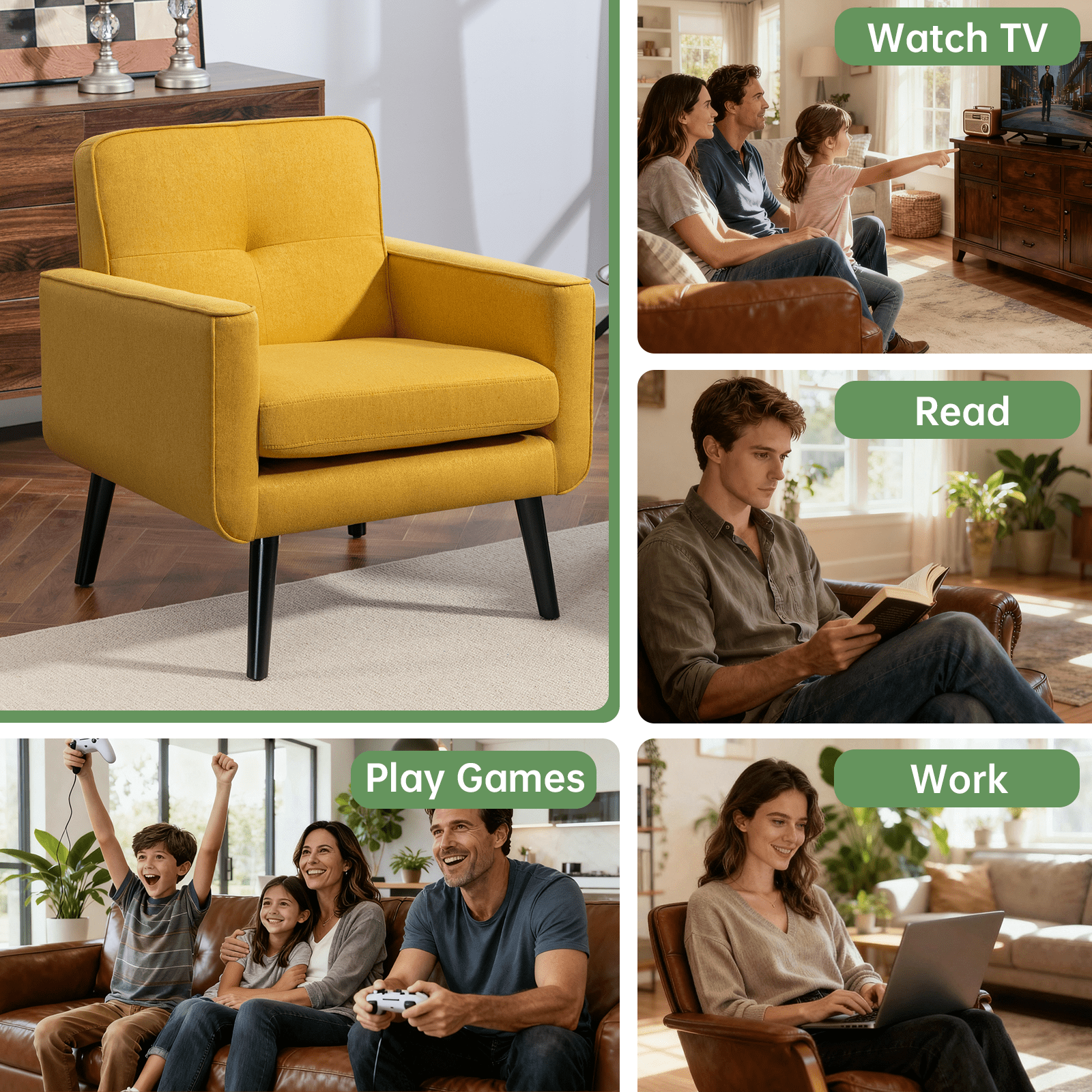Mid-Century Modern Accent Chairs Set of 2 Upholstered Fabric Armchairs with Button Tufted Back and Solid Wood Legs, Cozy Side Chairs for Living Room, Bedroom, Office, or Cafe (Yellow)