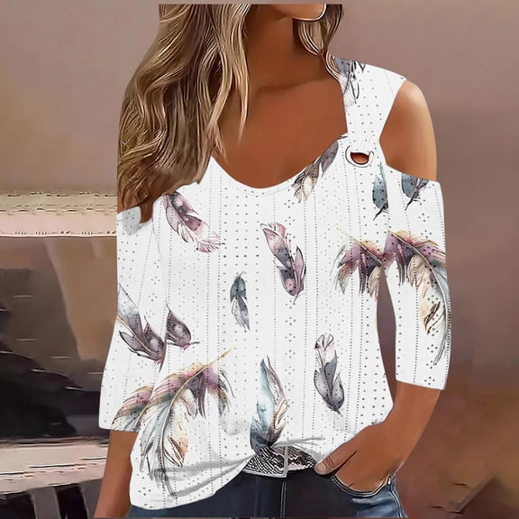 Jsaierl 3/4 Sleeve Cold Shoulder Tops for Women Plus Size V Neck Shirts Trendy Print Petite Hollow Out Blouses Going Out Holiday T-shirts Top S-5XL
