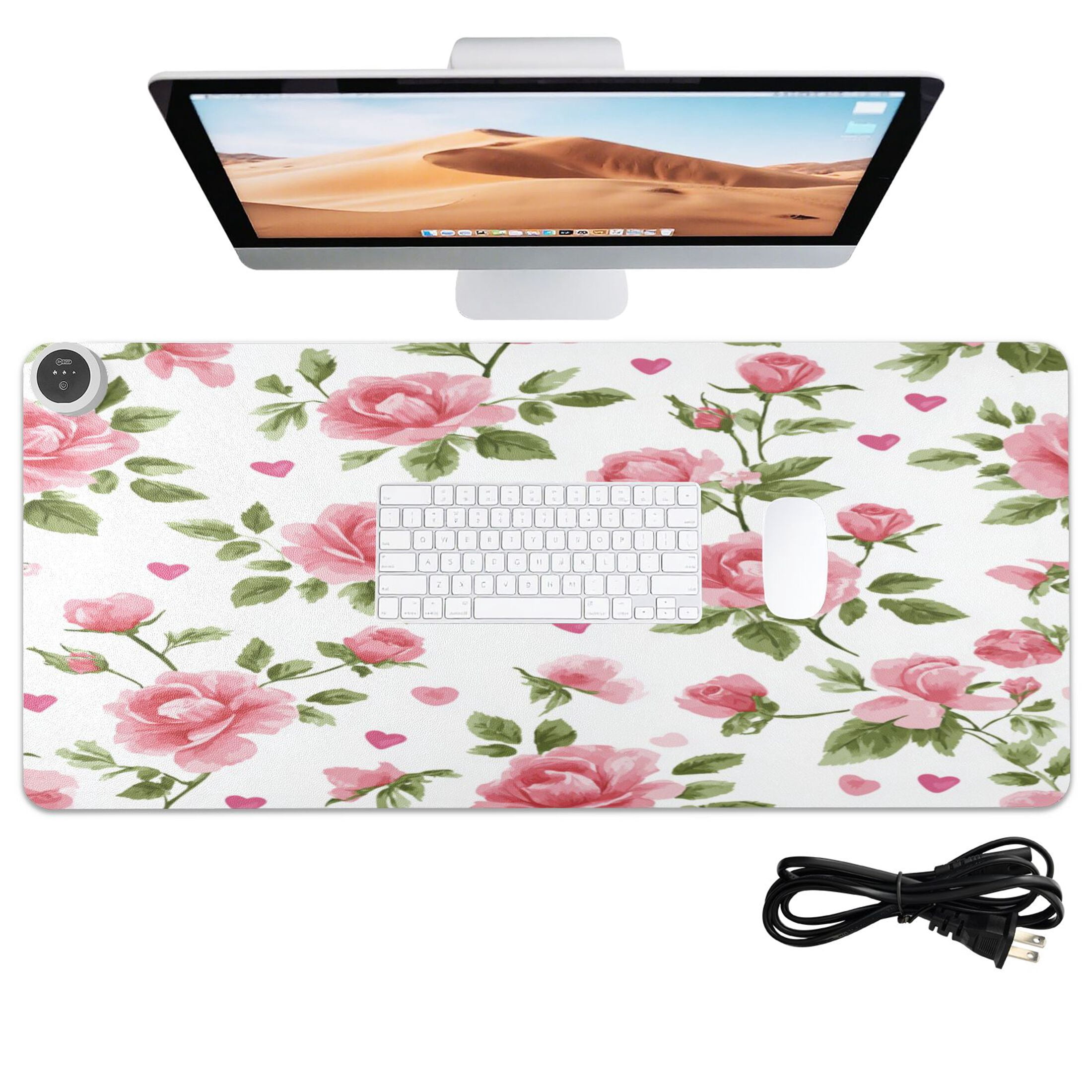 Large Heated Desk Mat Mouse Pad 31.5"x13"PU Leather Graphene Heating Desk Warmer with 3 Temperature Settings 110V US Plug Non-Slip Warm Pad for Home, Office, and Gaming Floral Rose Seamless Print