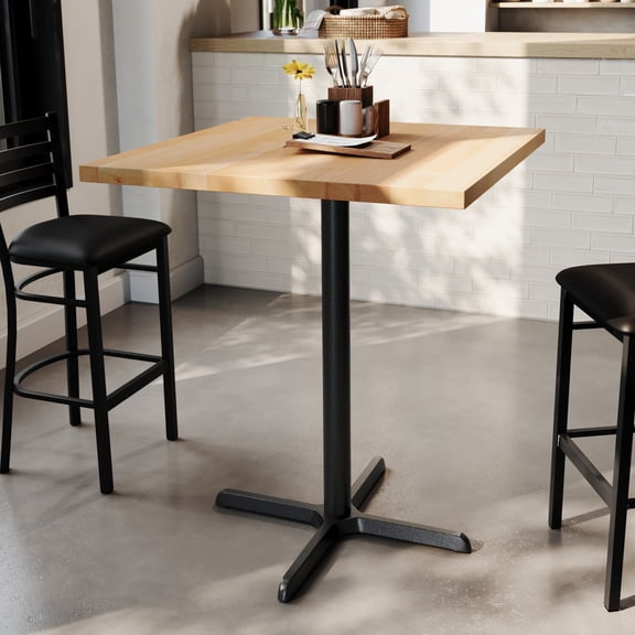 Flash Furniture 36" Square Solid Wood Commercial Indoor Tabletop in Natural with 30" x 30" Bar Height Rust-Resistant Black Cast Iron X-Base