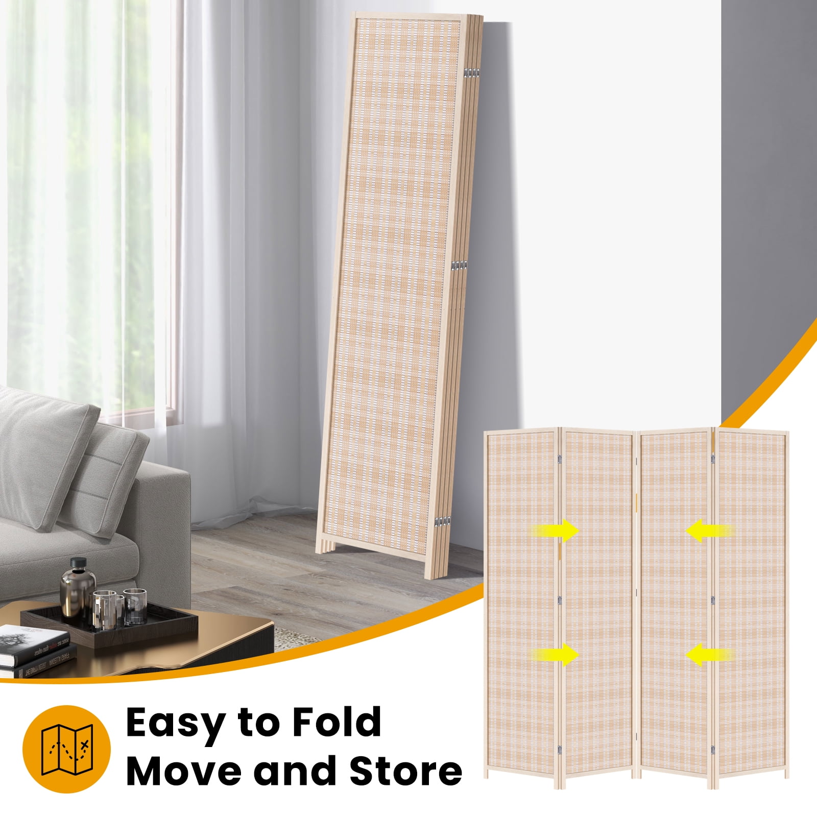 BIQWBIC Bamboo Room Divider Folding Privacy Screen, 72 Inches High, 4 Panel, Nature
