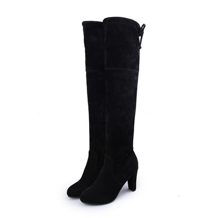 

Lacyhop Ladies Over The Knee Boots Tall Winter Shoes Long Thigh High Boot Dress Non Slip Faux Suede Pointed Toe Black US 4.5