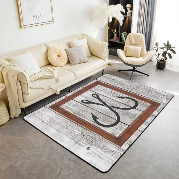 SHILIU-Lake House Area Rug 3'x5', Fishing Theme Fish Hook Non Slip Rug for Kids Teen Boys Women Men,Farmhouse Style Cottage Indoor Floor Mat for Dining Room Backyard Decor