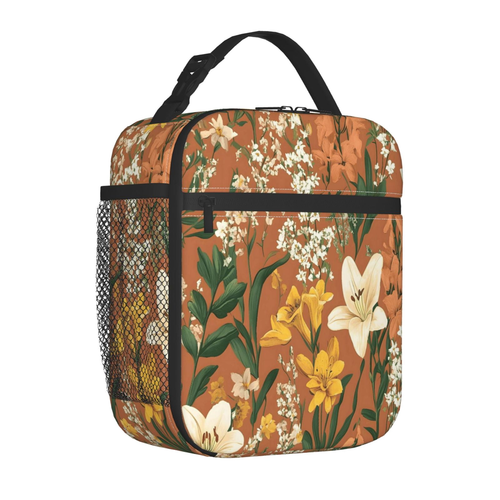 Lunch Bag For Women Men Insulated Portable Lunch Box Bento Box Office Picnic Travel Cooler Bag Yellow Background With Flowers