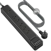 Power Bar, Power Strip Surge Protector with 6 Outlets & 4 USB Charging Ports, 1875W/15A, Angled Flat Plug, Spaced Outlets & ETL Listed Power Outlet for Home Office (10ft, Black)