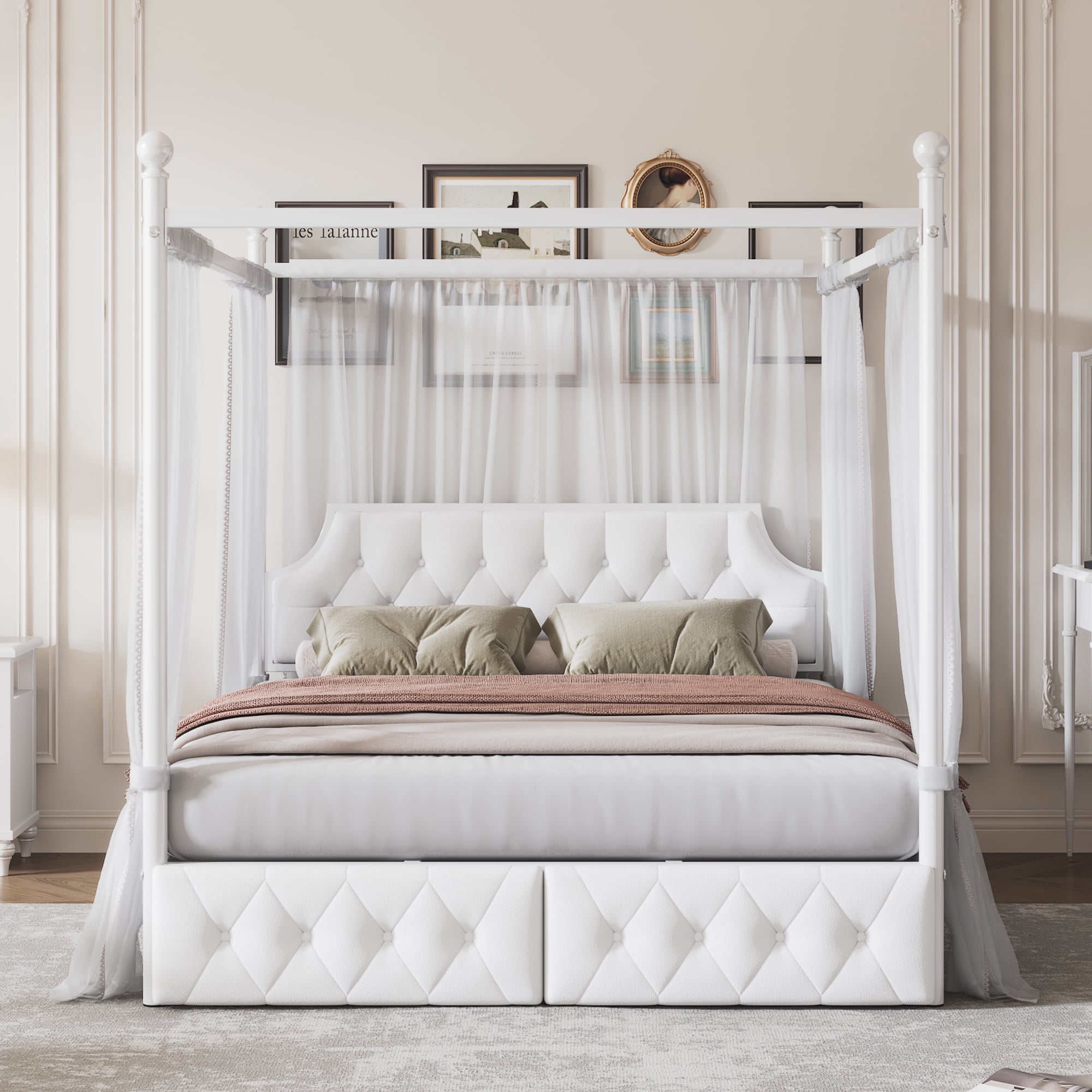 Euroco Wood Queen Size Canopy Platform Bed with Four Support Legs and 2 Drawers for Kids Teens Adults, White
