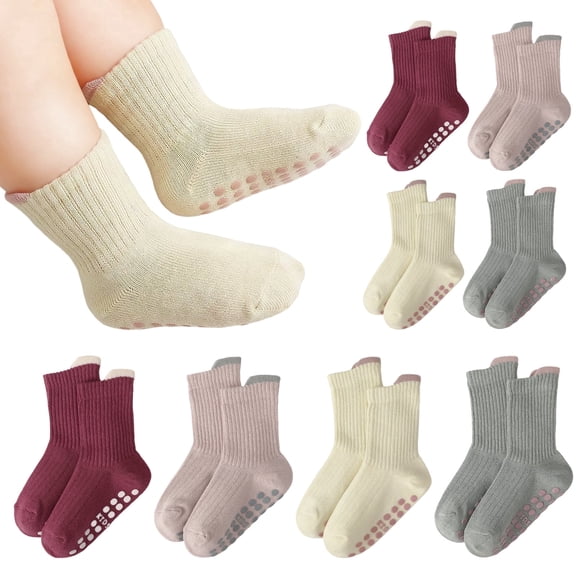 Bocaoying 8 Pairs Baby Non Slip Socks, 1-3 Toddler Crew Socks, 80% Combed Cotton Anti Skid Soles & Heel Pull Tab 4-Color Socks Gift Set
