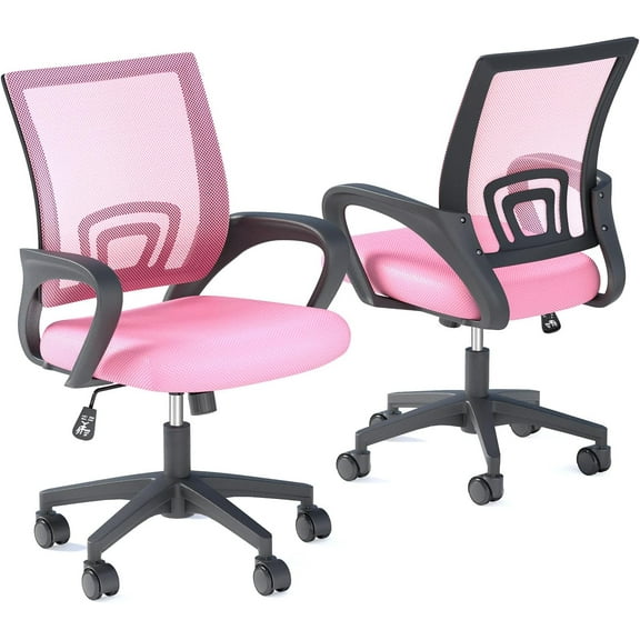 Wubio Office Chairs, Ergonomic Mid-Back Mesh Desk Chairs with Lumbar Support, Adjustable Swivel Rolling Design, Comfy Armrest for Work, Study, Gaming, Vanity, Pink, 2 Pack