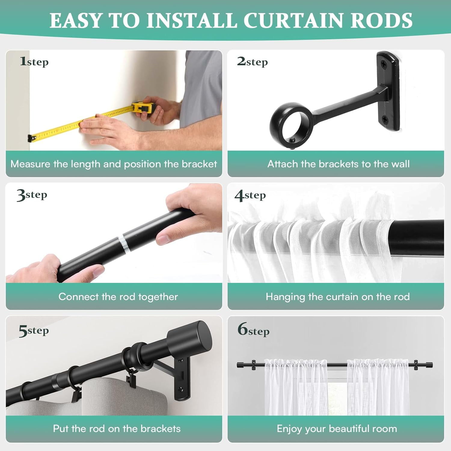 Extra Long Curtain Rods for Windows 120 to 240 Inches, Adjustable 1 Inch Black Curtain Rod for Outdoor Indoor, Modern Heavy Duty Drapery Rod, Room Divider 200 Inch Rods, All Metal, Easy Install