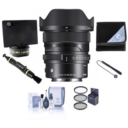 20mm f/2 DG DN Contemporary Lens for Sony E  Bundle with ProOptic 62mm Filter Kit  Flex Lens Shade  Lens Wrap  Lens Cleaner  Cleaning Kit  Lens Cap Tether