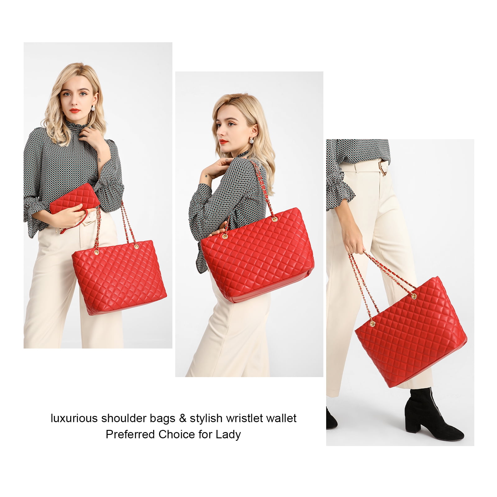 Poppy Women's Classic Quilted Shoulder Bag & Wallet Set Vagan Leather Metal  Chain Strap Tote Handbag Purse 2Pcs-Black