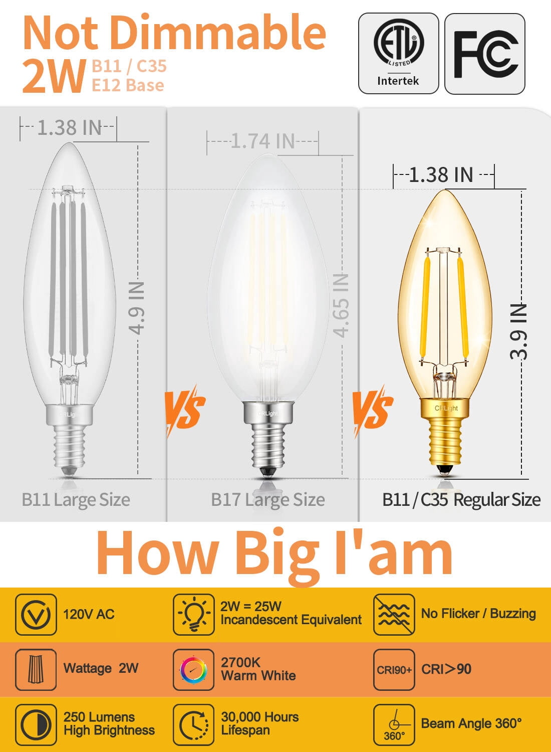 CRLight E12 2W Amber Glass LED Candelabra Bulbs, 25W Equivalent 250LM, 2700K Warm White, B11 Vintage Edison Candle Chandelier Light Bulbs for Ceiling Fan & Wall Sconce, Non-Dimmable, 12 Pack