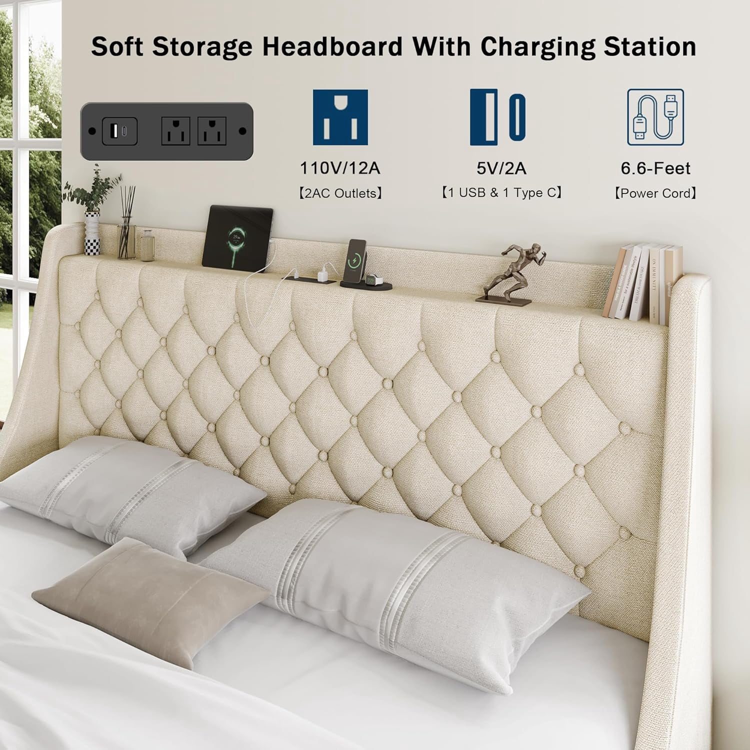 Galnfu King Size Bed Frame with 4 Storage Drawers, Giant Upholstered Wingback Headboard, Fast Charging Station, No Box Spring Needed, Noise-Free,Beige