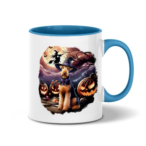 Spooky Halloween Night Witch Airedale Terrier Glowing Pumpkins 11oz Accent Two-tone Mug Dale Waterside Dog Lover Coffee Tea Cup - 12015