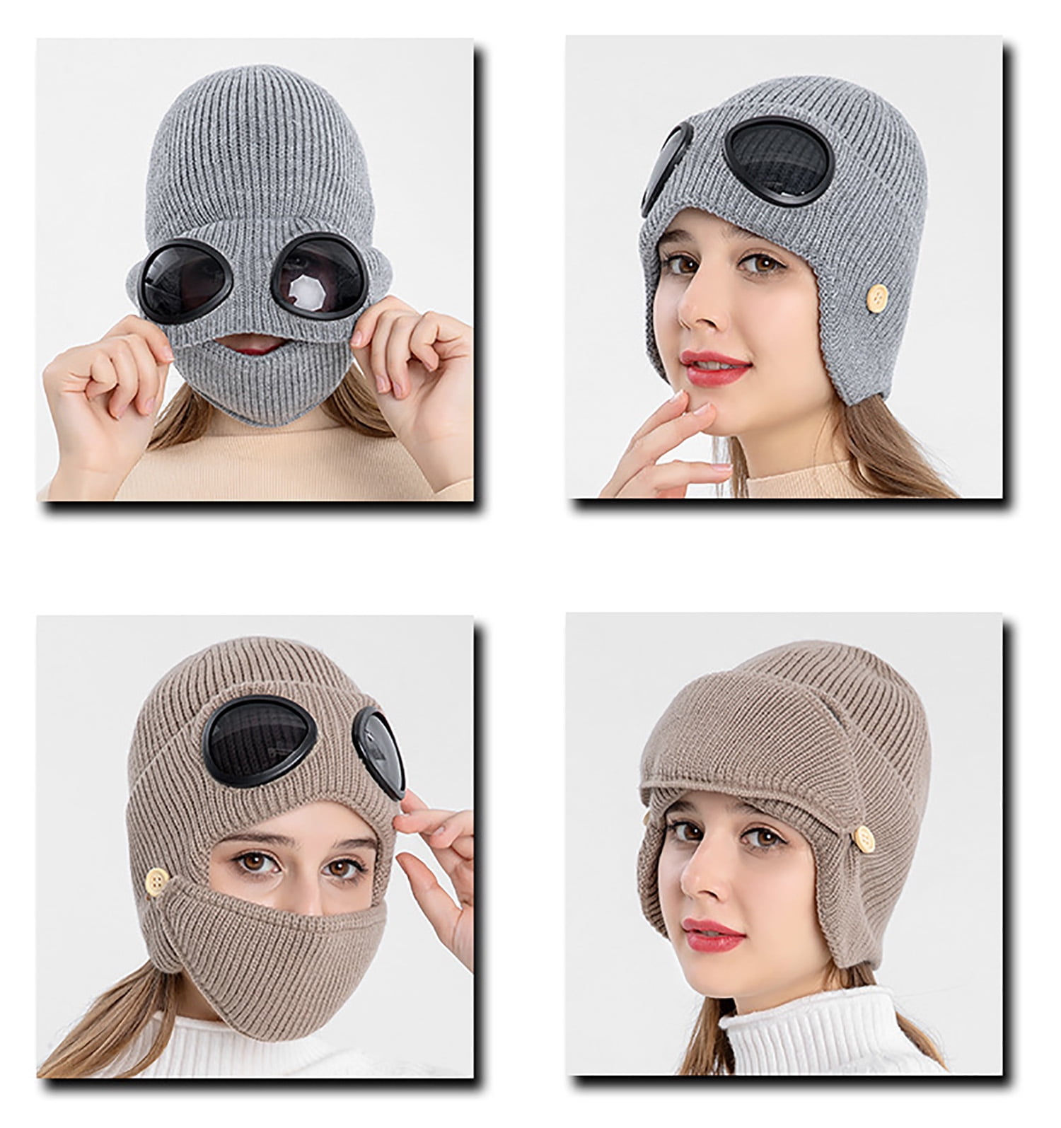 Unisex Winter Ski Beanie Hat with Goggles and Detachable Mask, 3-in-1 Unisex Knitted Goggles Beanie, Ski Mask with Goggles