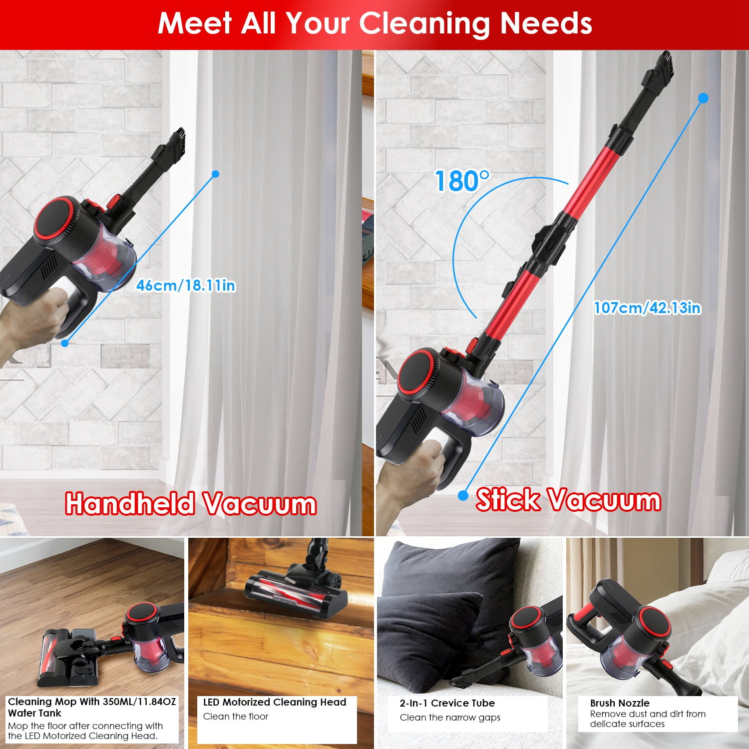 Battery Powered Cordless Vacuum Cleaner, Lightweight Upright Handheld Floor Vacuum